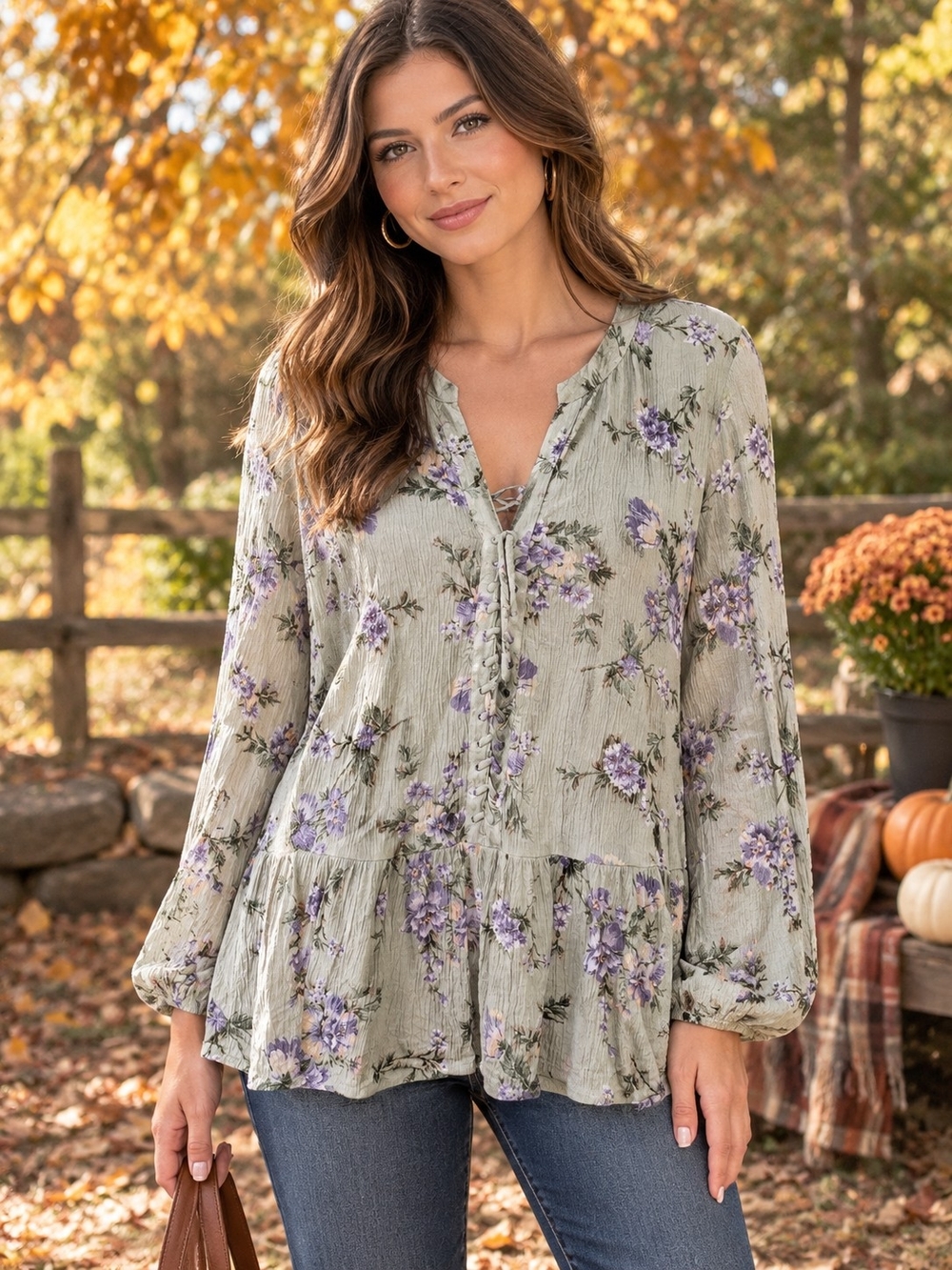 American Eagle Floral Lace-Up Peplum Blouse Sage Green Boho Size L
